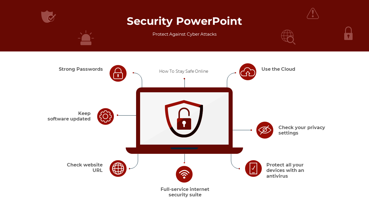 Laptop graphic with a shield in the center, surrounded by seven security icons and safety tips, with red highlights.