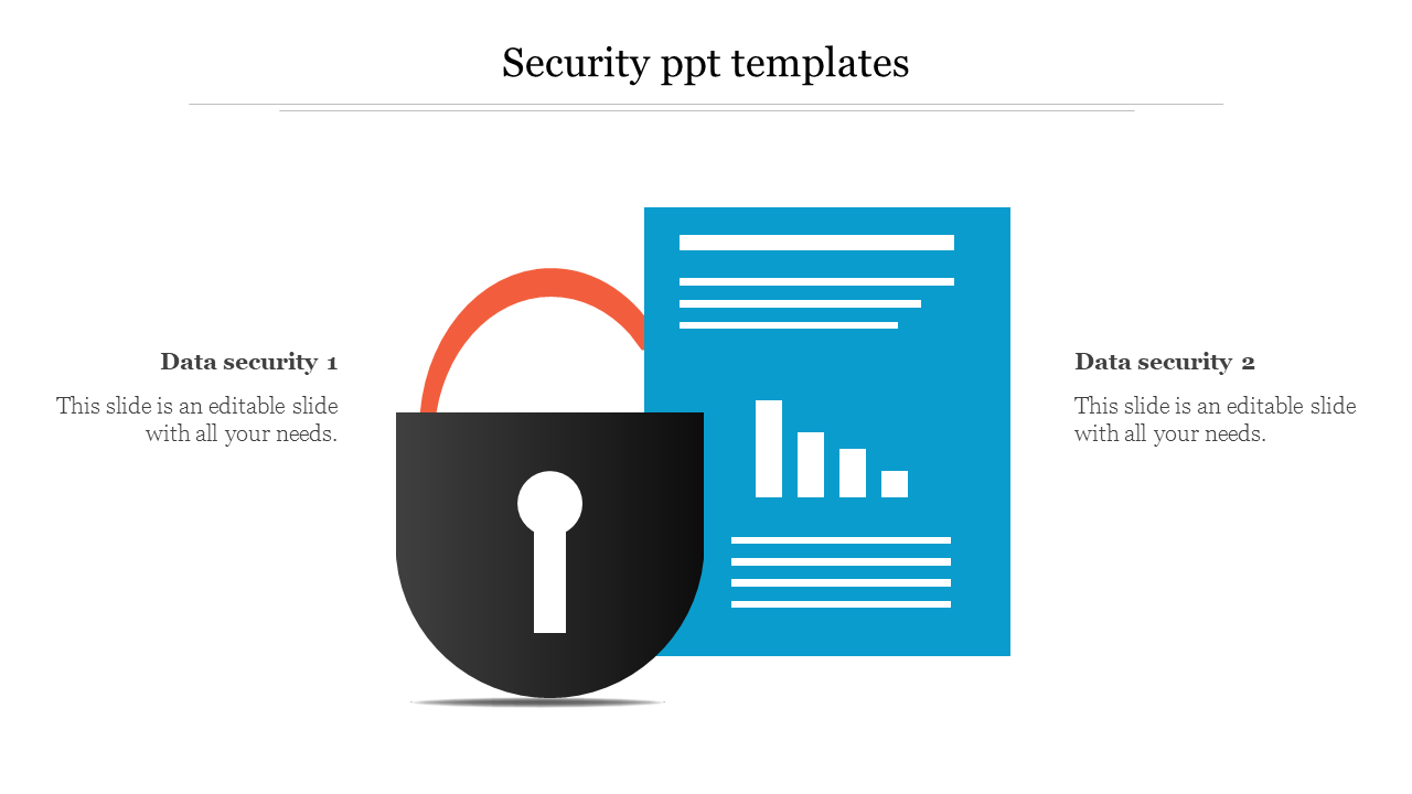 Security themed layout featuring a black lock, orange arch, and blue document with charts and text on a white background.