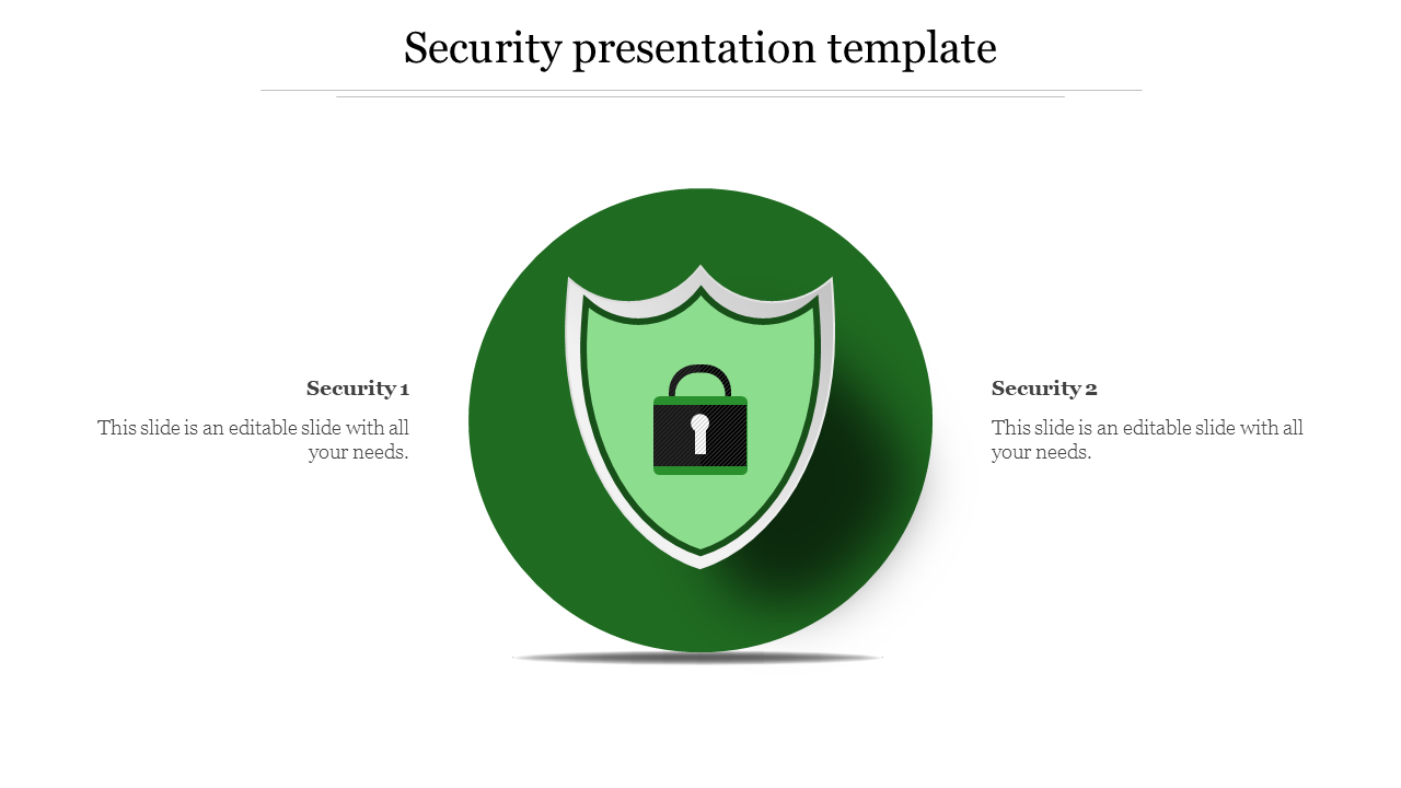 Security presentation template features a green shield icon with a padlock in the center and text sections.