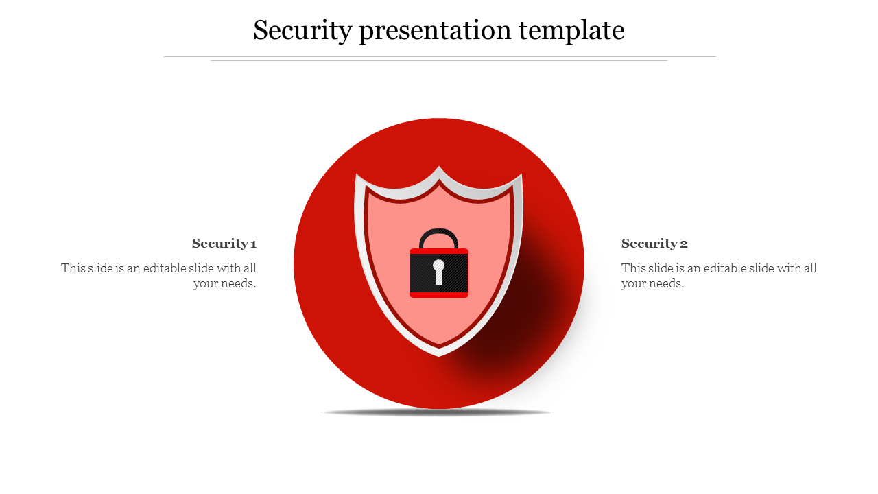 Security presentation slide featuring a red shield with a lock symbol, divided into two sections.