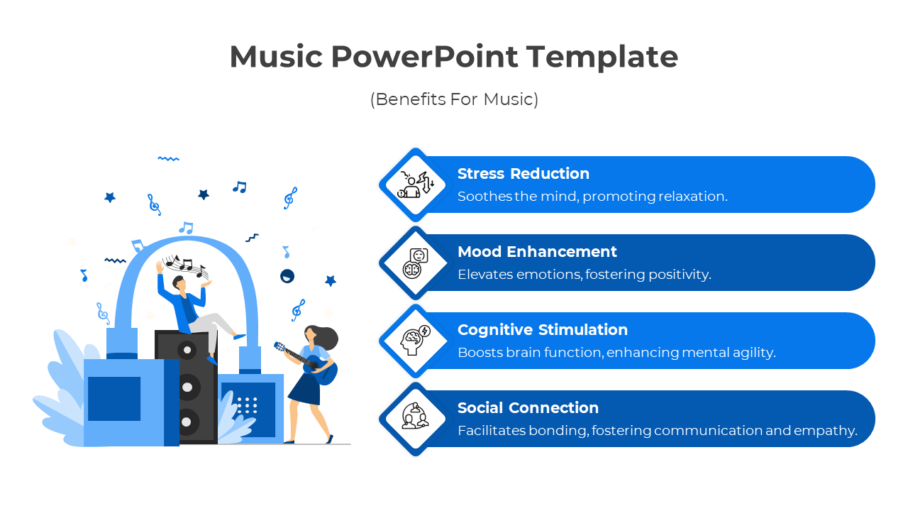 Blue themed music benefits slide with four steps, icons, and an illustration of musicians and speakers.