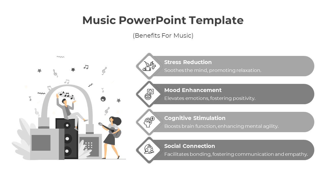 Creative presentation slide with illustrations of music and four benefits outlined in grey text boxes.