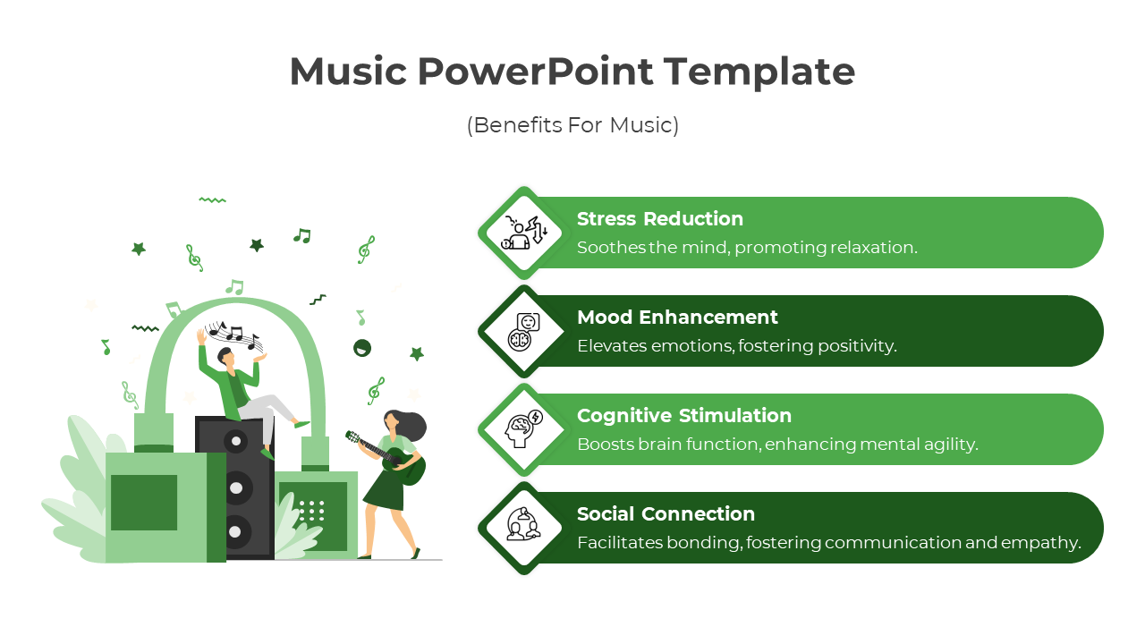 Creative presentation slide with illustrations of music and four benefits outlined in green text boxes.