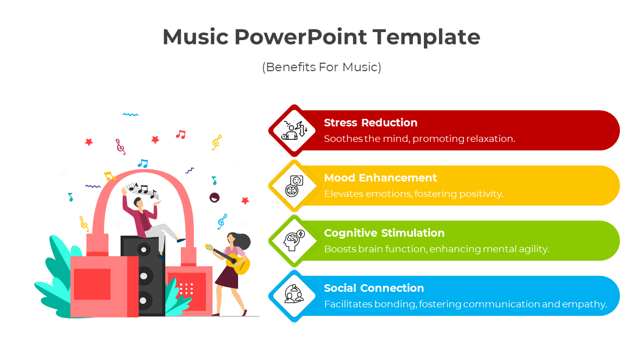 Music themed slide with four benefits in red, yellow, green, and blue bars, alongside a fun illustration.