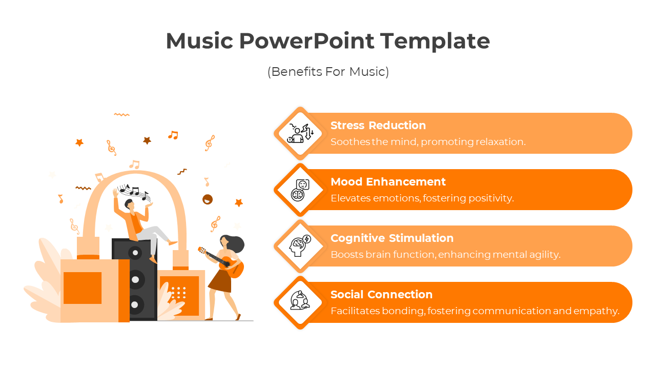 Orange themed music benefits slide with four steps, icons, and an illustration of musicians and speakers.