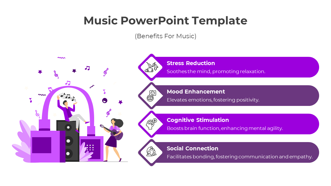 Music slide with benefits of music listed in purple captions and an illustration of people enjoying music.