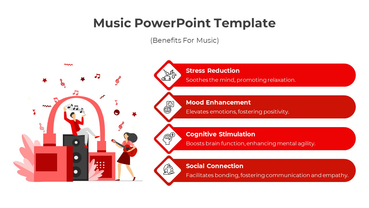 Illustration of a person with music icons, a red arch, and a list of benefits in red boxes on a white background.