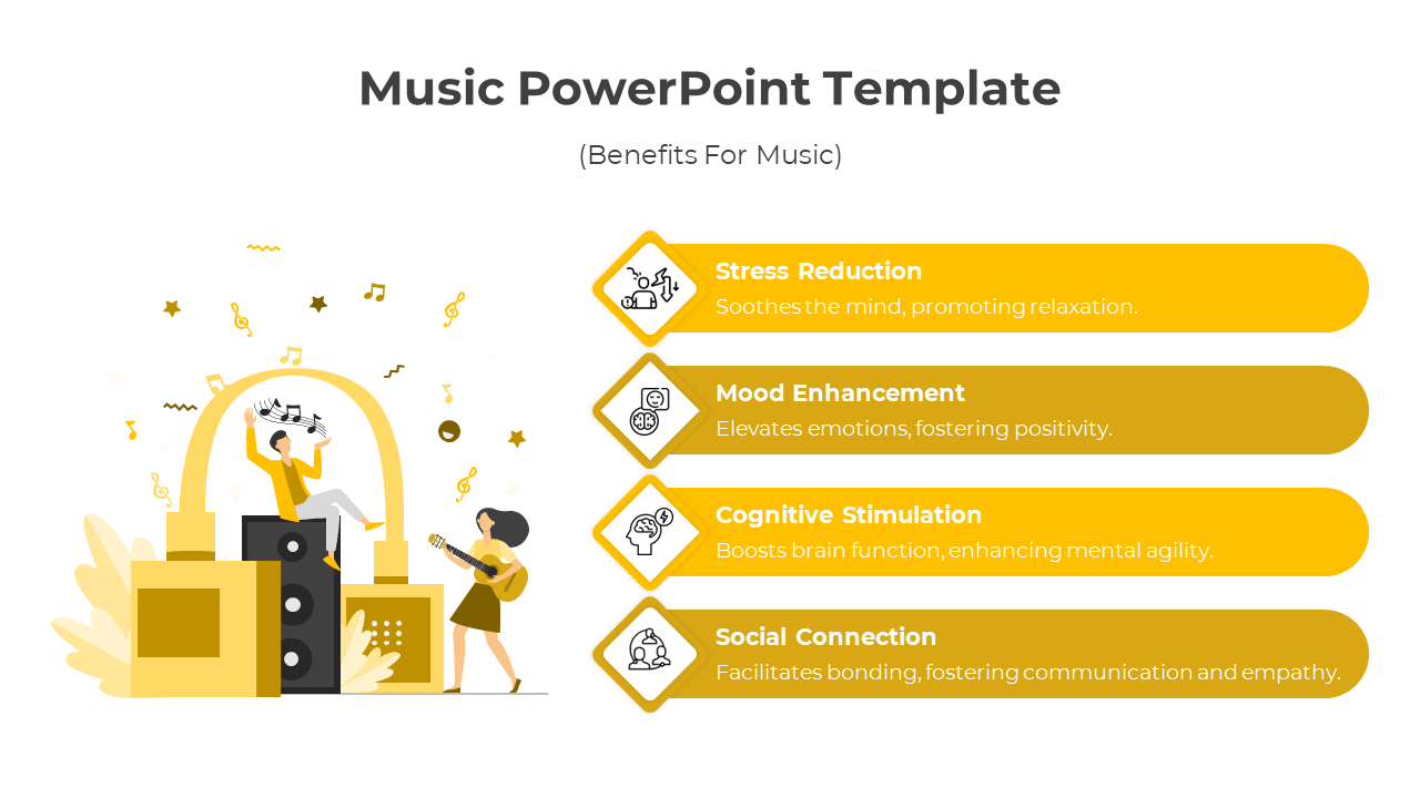 Creative slide design showcasing music's benefits with yellow themed text boxes and highlighting music's positive effects.