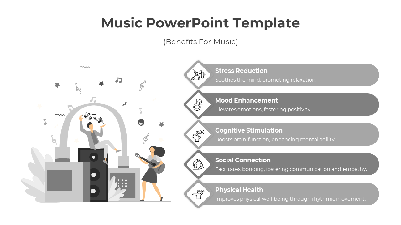 Music themed template with a performer, speakers, and benefits listed in gray boxes, on the right.