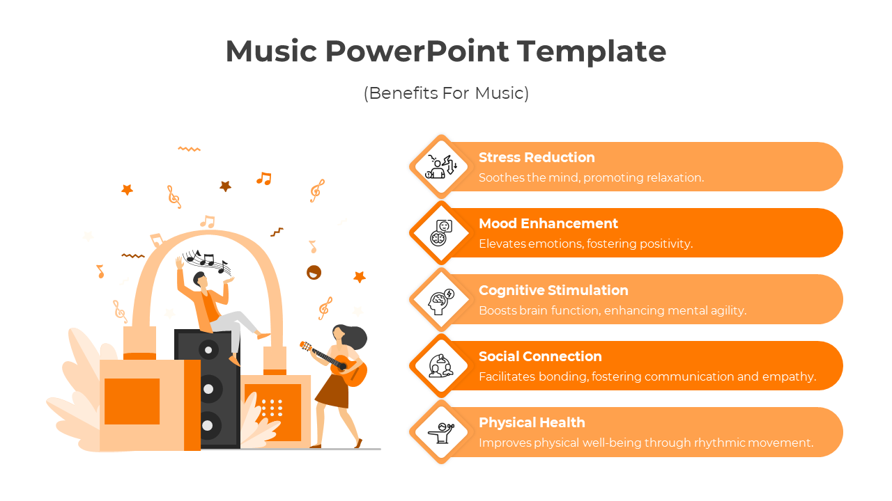 Music PPT slide showcasing benefits from stress reduction to physical health and two human illustrations of hearing music.