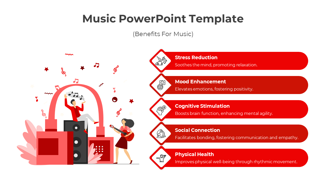 Illustration of musicians and speaker setup with text boxes on the right listing benefits of music in red tones.