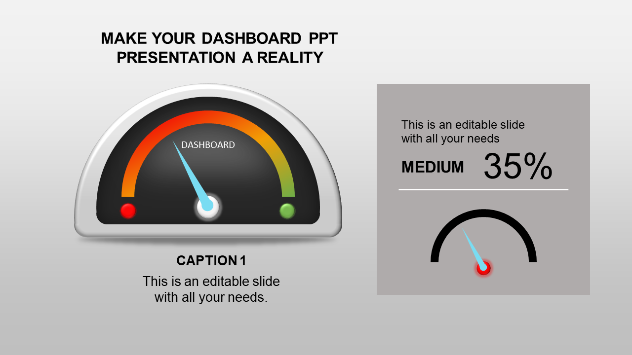 Gray slide layout with a semicircular gauge in gradient colors of red, orange, and green, and a sidebar with text.