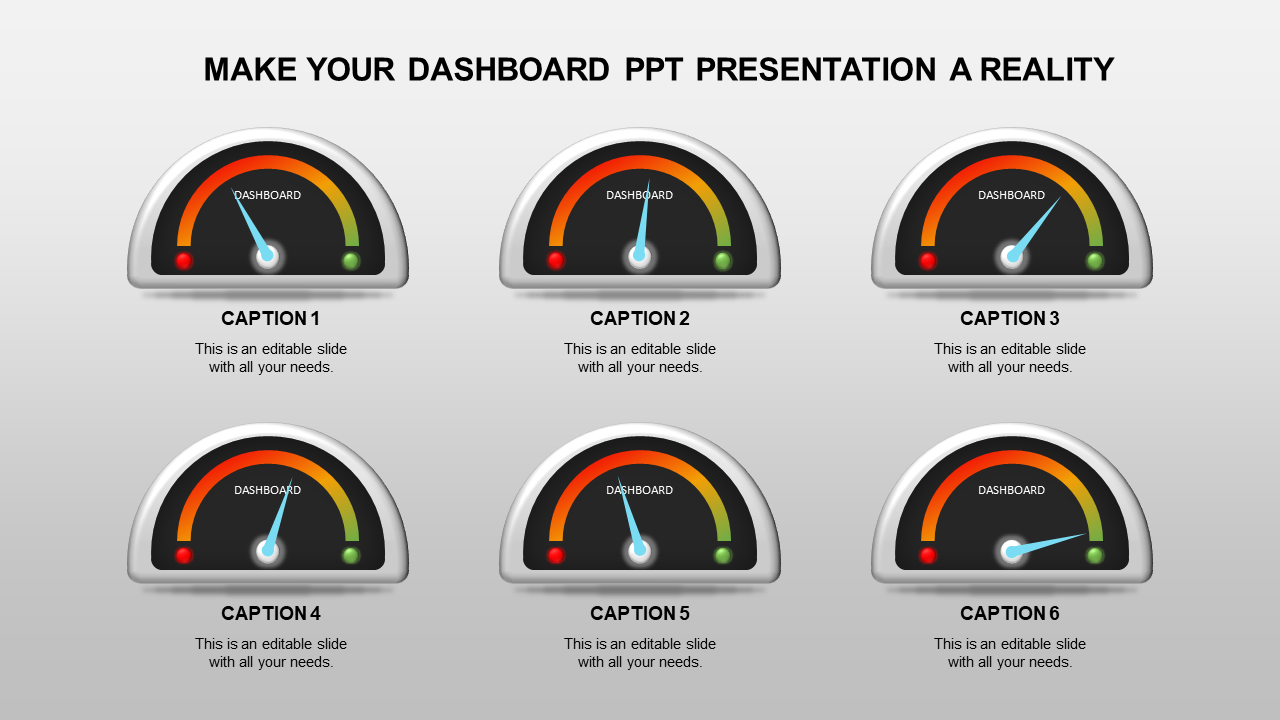 Dashboard themed PowerPoint slide with six gauges and captions for content.