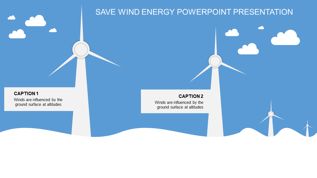 Wind turbines on a white hill against a blue sky with clouds, and two captions in text boxes.