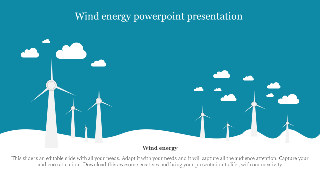 Illustration of white wind turbines on a teal background with scattered white clouds, and text at the bottom.