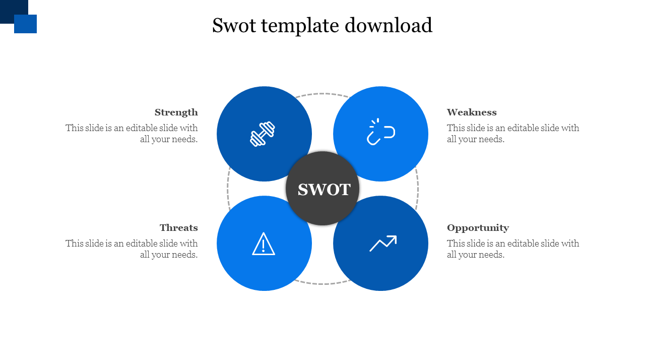 Circular SWOT analysis graphic showcasing four blue segments with icons and labels for each category.