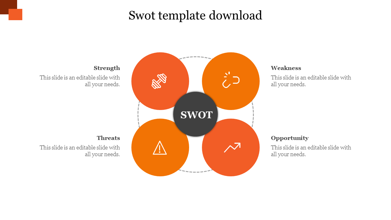 SWOT PPT template with four sections from Strength to Opportunity, each with a corresponding icon in orange circles.