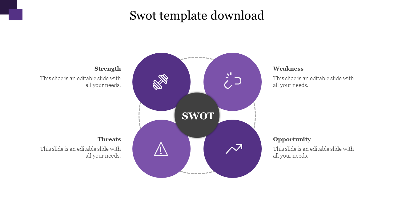 Structured SWOT template in purple, with a central black circle and four surrounding labeled sections.