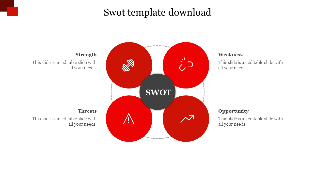 SWOT template showing four categories, each represented by an icon and arranged in a circular layout around a central point.