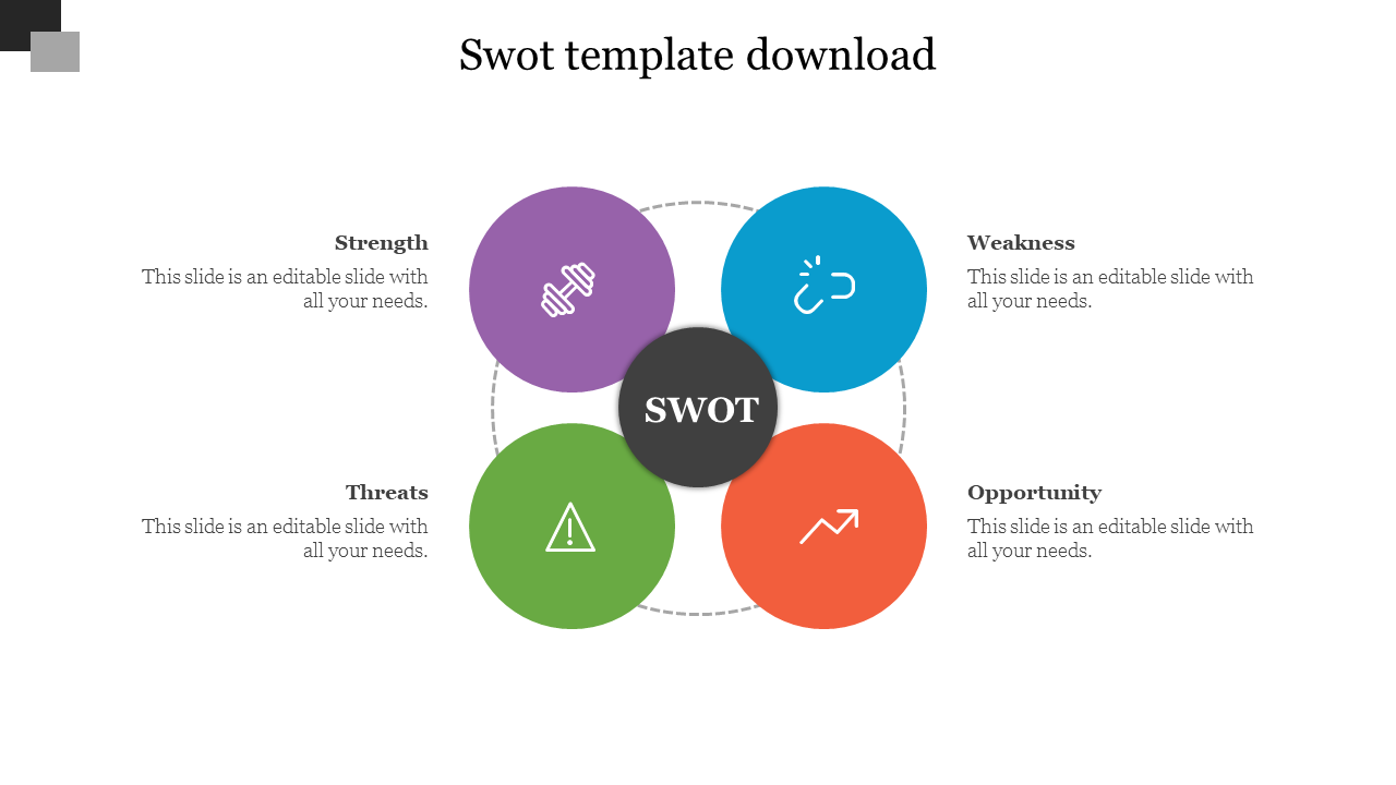 SWOT diagram with a central dark circle connected to four colorful segments representing the key analysis categories.