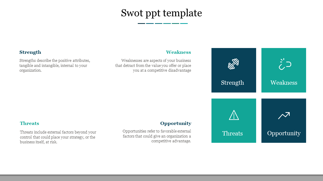 SWOT analysis slide with descriptive text and icons for strengths, weaknesses, opportunities, and threats in a grid layout.