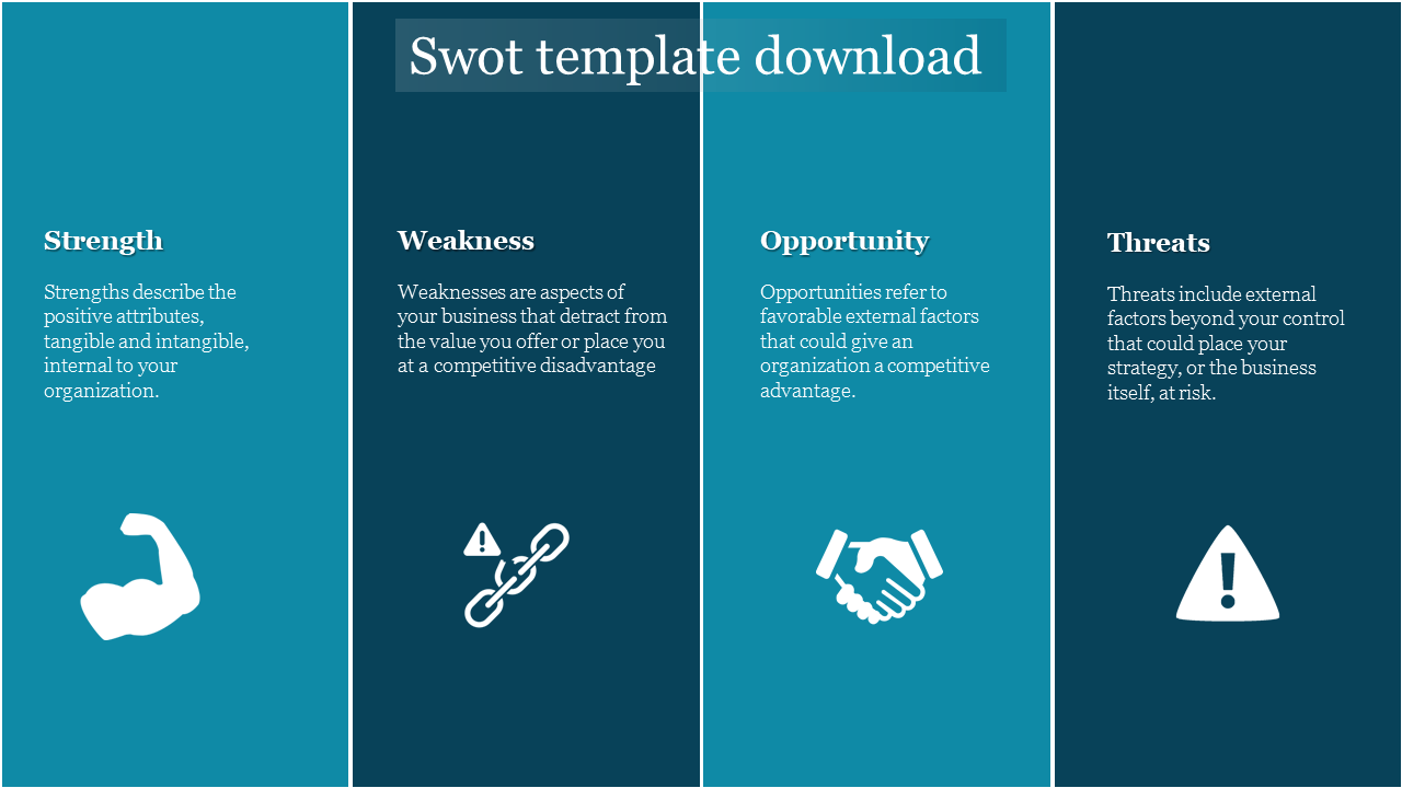 Four column SWOT analysis template with icons divided into vertical columns for strength, weakness, opportunity, and threat.