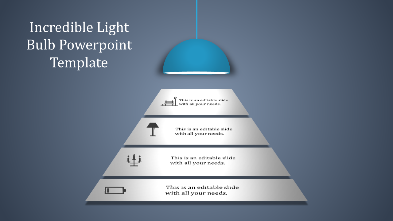 Layered pyramid slide under a glowing light bulb, showcasing sections with relevant icons.