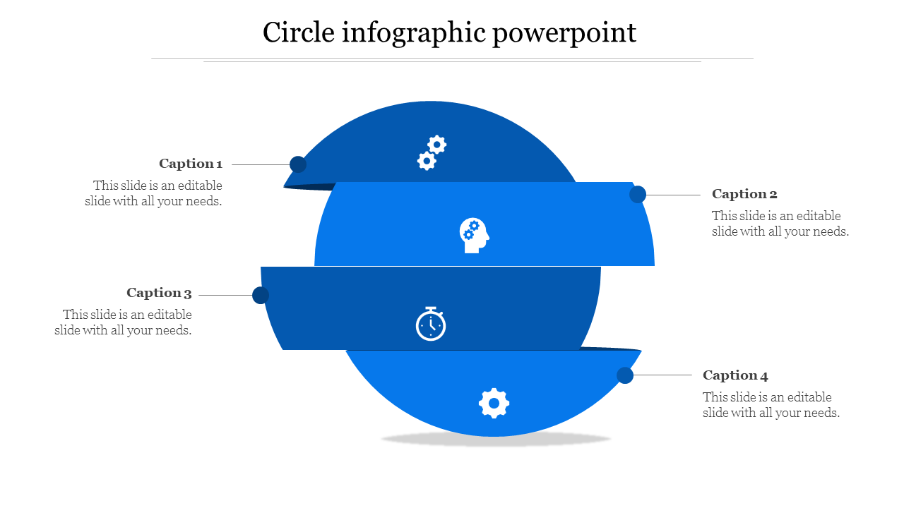 Blue circular infographic with four horizontal segments, each containing white icons and linked to captions.