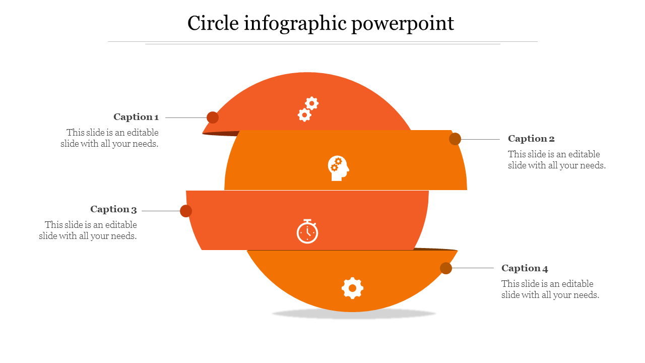 Circle infographic PowerPoint template with orange segments, each containing icons with captions.