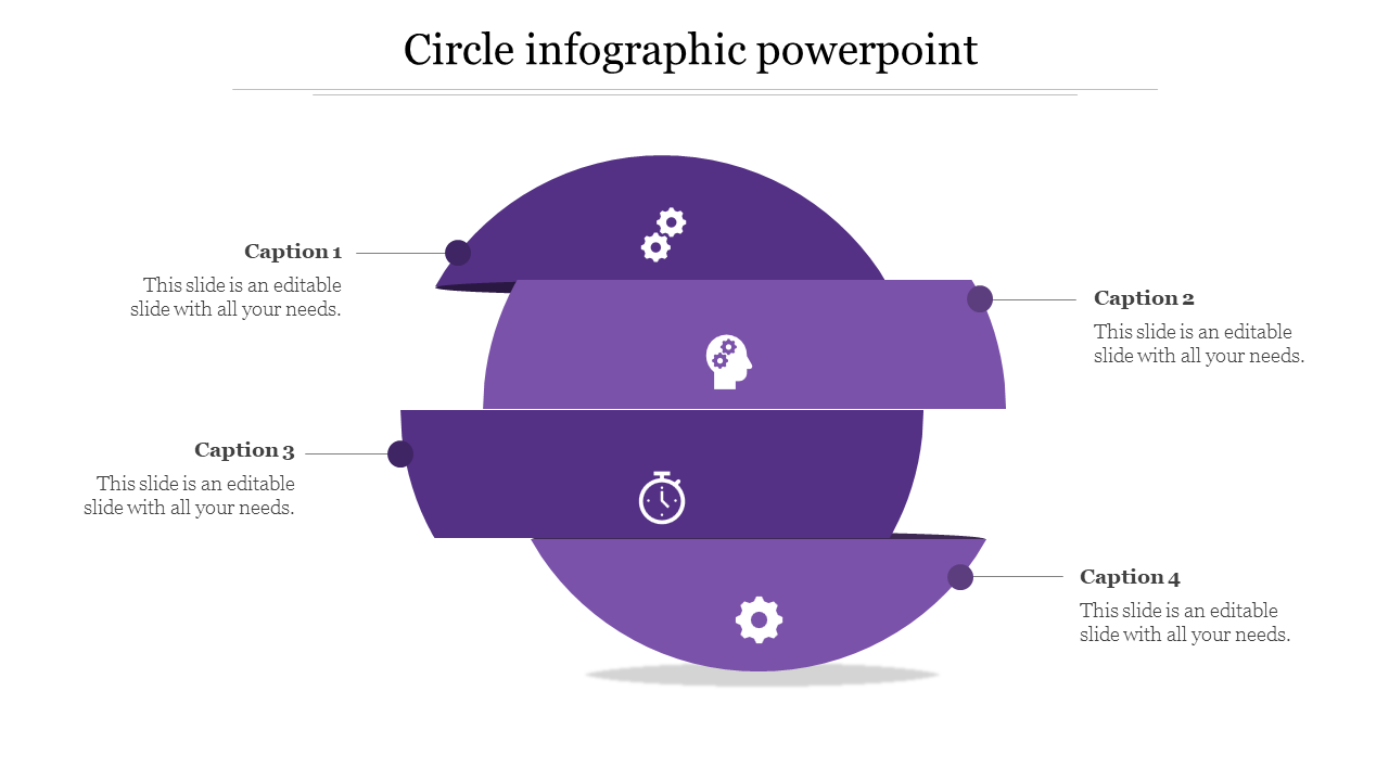 Modern purple themed slide with a divided circle, featuring four extended banners, and text boxes for descriptions.