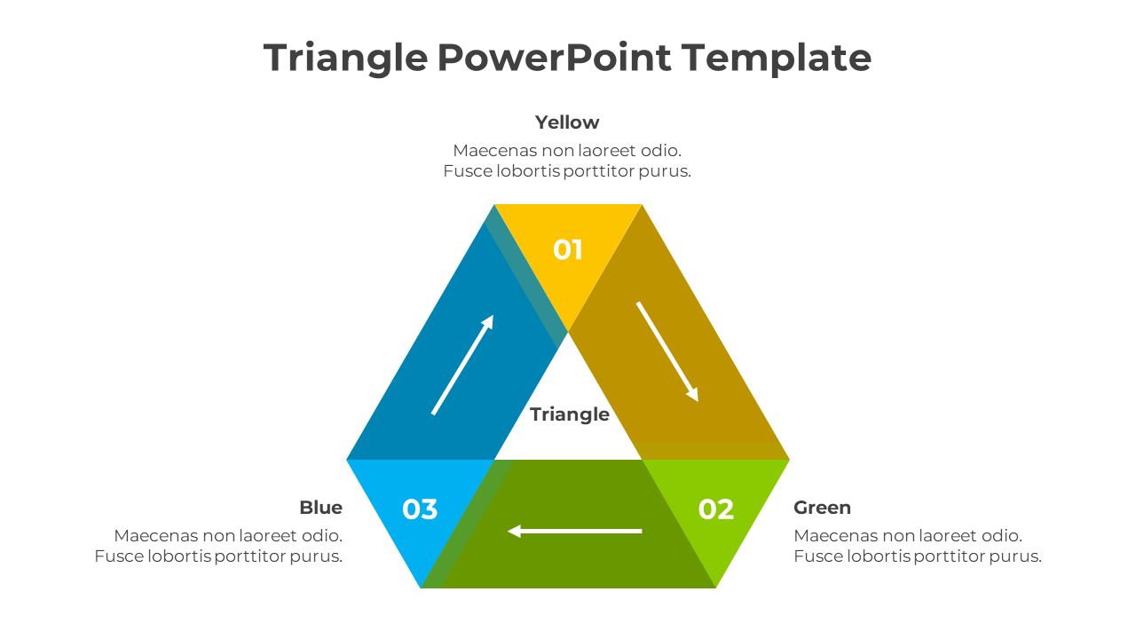 Triangle PowerPoint template with a triangular diagram divided into yellow, green, and blue sections labeled 01, 02, and 03.