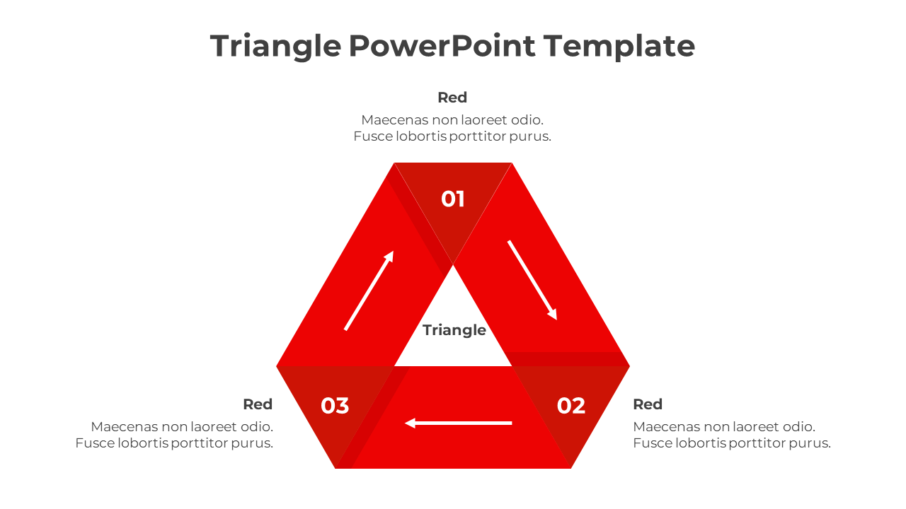 PowerPoint slide with a red triangle divided into three parts, labeled 01, 02, and 03, with arrows between them.