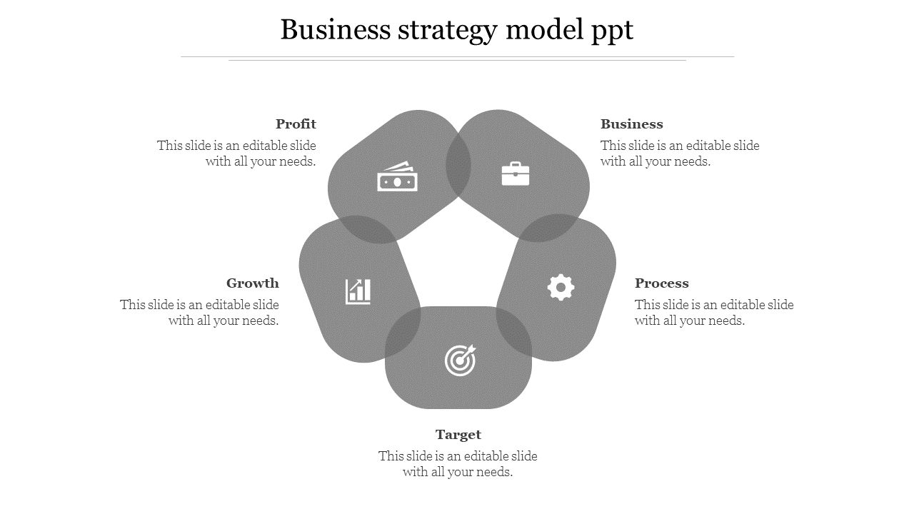 Business strategy PPT model slide with grey icons representing profit, business, growth, target, and process with text.