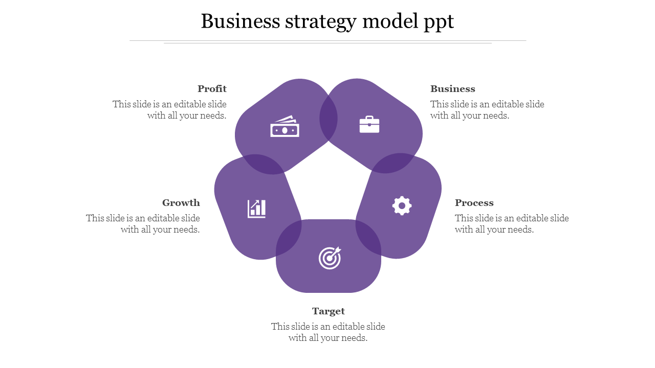 Business strategy PPT model slide with purple icons representing profit, business, growth, target, and process with text.