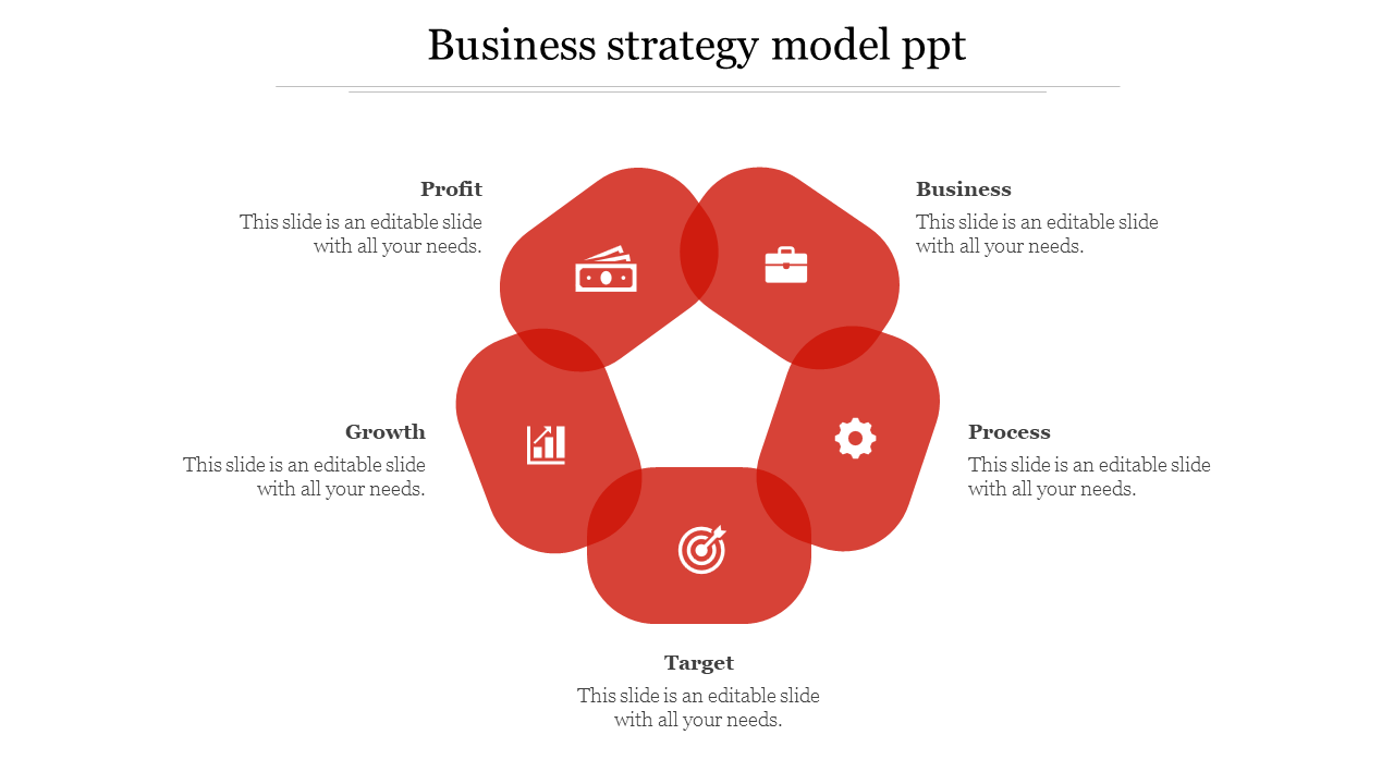 Business strategy infographic with five overlapping red sections, each containing an icon and label.