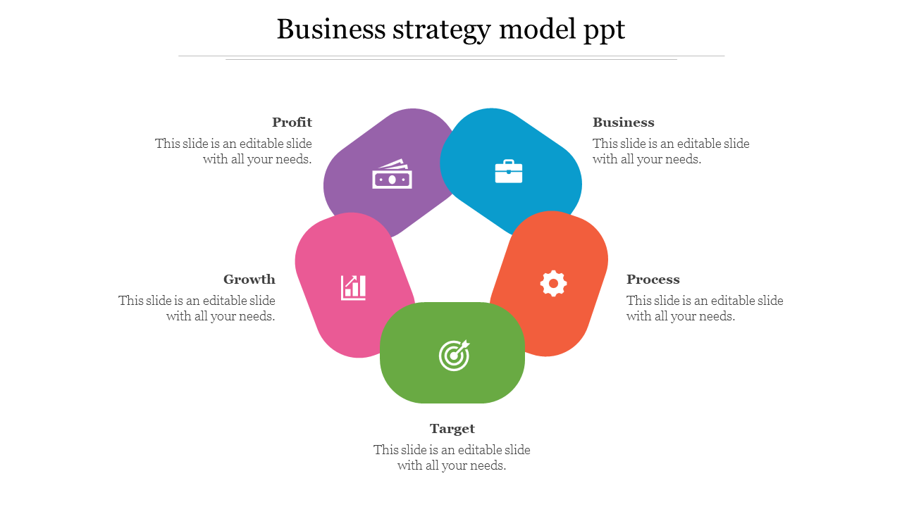 Five connected segments in blue, orange, green, pink, and purple with icons representing different business strategies.