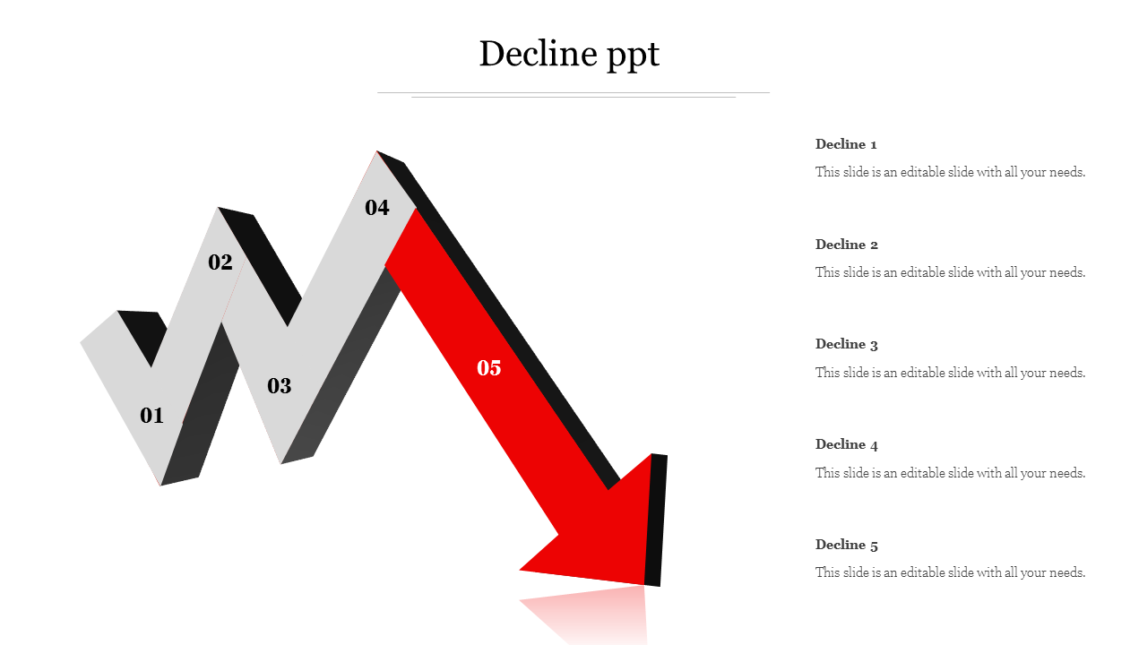 Decline PPT slide with a zigzag chart transitioning to a downward red arrow, labeled with steps 01 to 05 with text area.