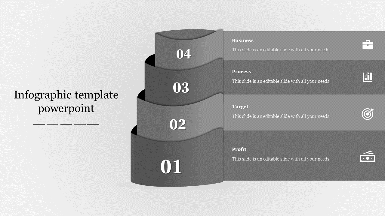 Infographic PPT slide with four stacked blocks in grey, each representing Business, Process, Target, and Profit with icons.