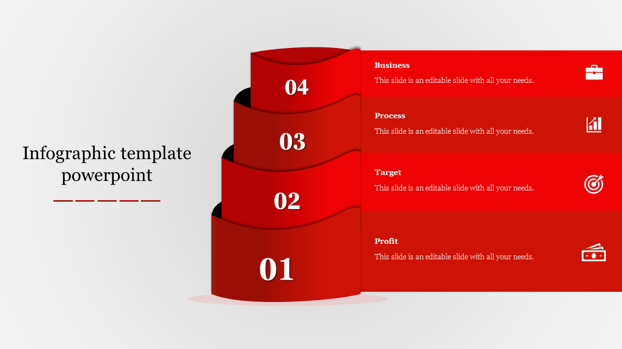 Infographic PPT slide with four stacked blocks in red, each representing Business, Process, Target, and Profit with icons.