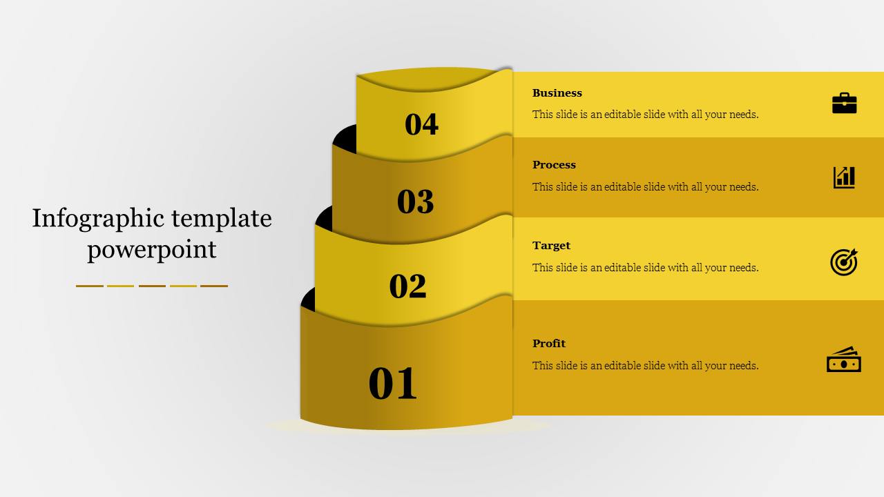 Yellow stepwise infographic with four numbered sections and business related icons representing different concepts.