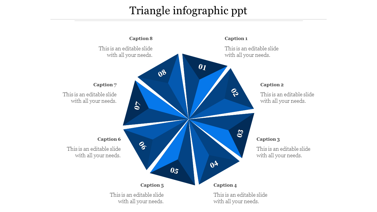 Infographic PowerPoint template with eight sections, each labeled from 1 to 8, arranged in a blue triangular shape.