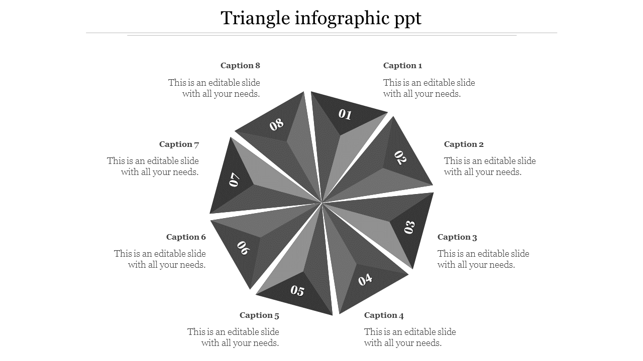 Gray 3D triangular infographic with eight labeled sections radiating from the center, each with a caption.