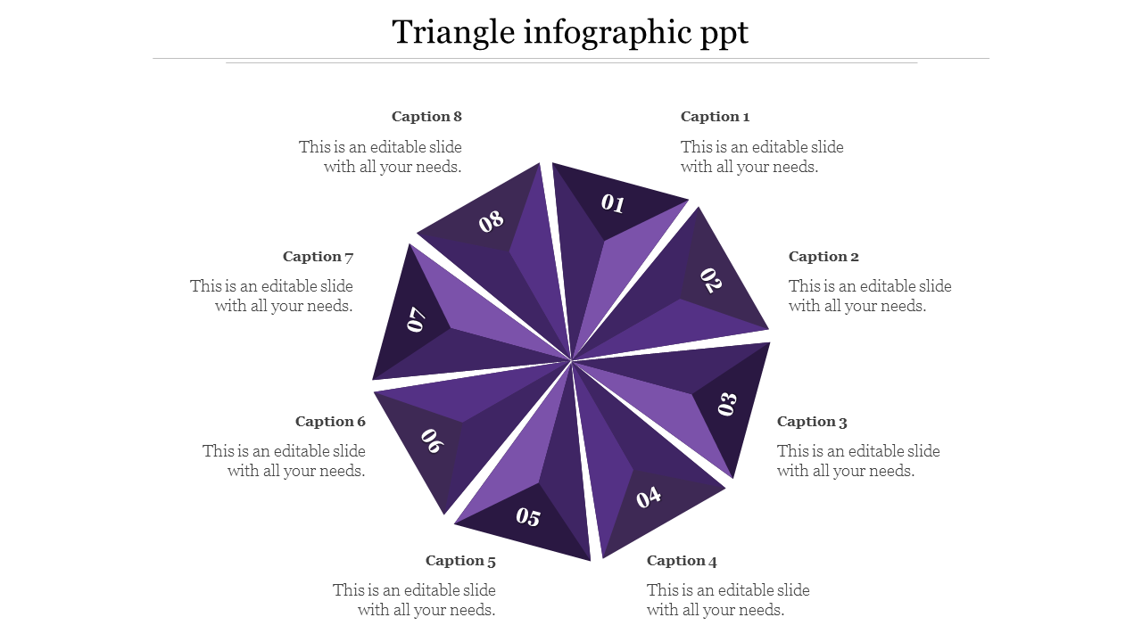 Infographic PowerPoint template with eight sections, each labeled from 1 to 8, arranged in a purple triangular shape.