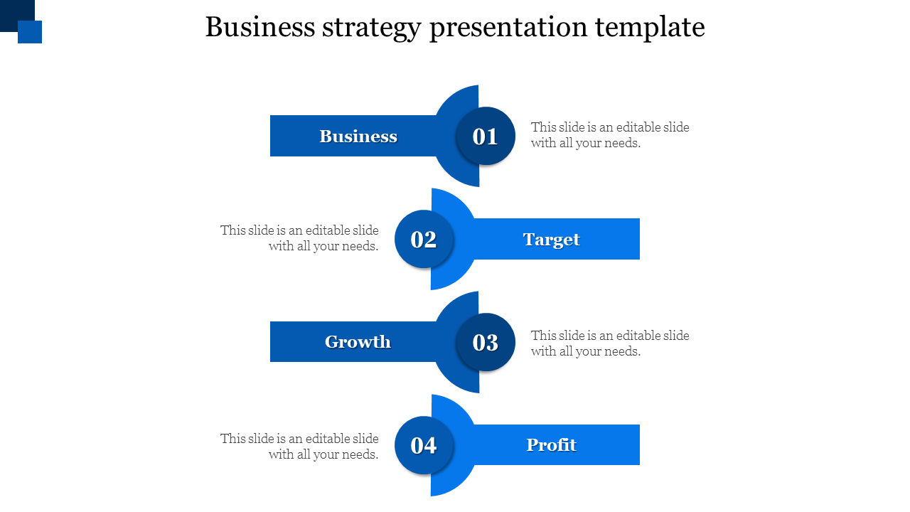 Vertical layout with blue bars and numbered circles in a sequence, displaying four stages in a business strategy process.