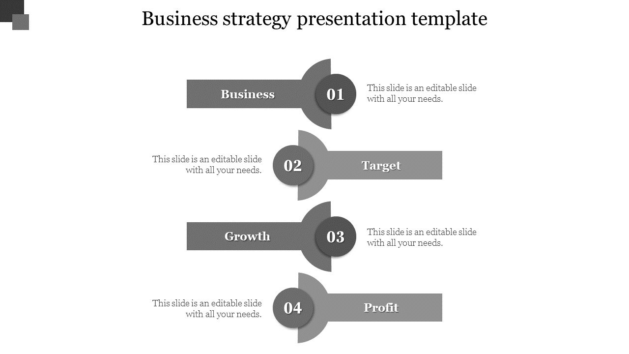 Business strategy PowerPoint template featuring four steps from business to profit with numbered grey circular labels.