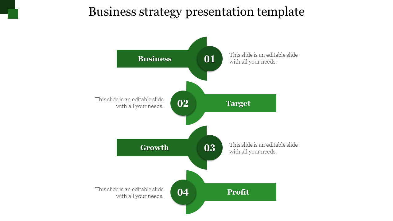 Template with a vertical flow of green banners containing business strategy elements and numbered steps.