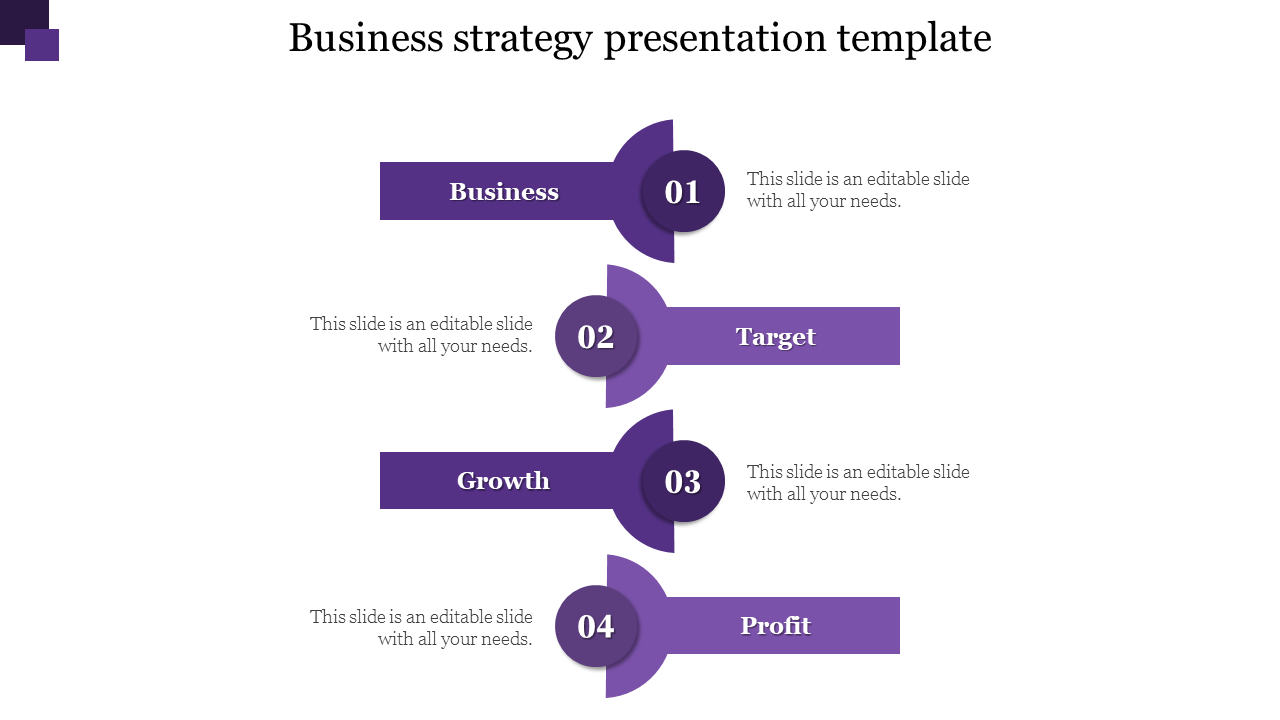 Business strategy PowerPoint template featuring four steps from business to profit with numbered purple circular labels.