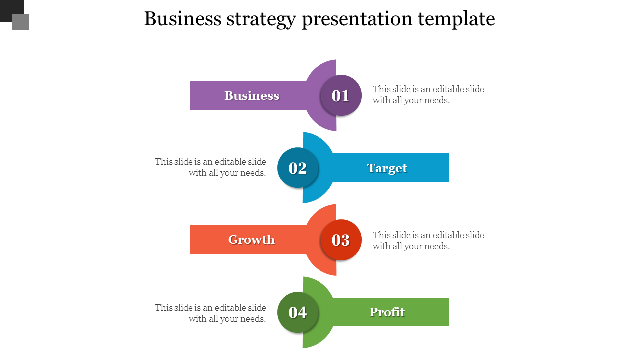 Color-coded arrows representing business strategy steps, labeled 01 to 04 with placeholder text areas.