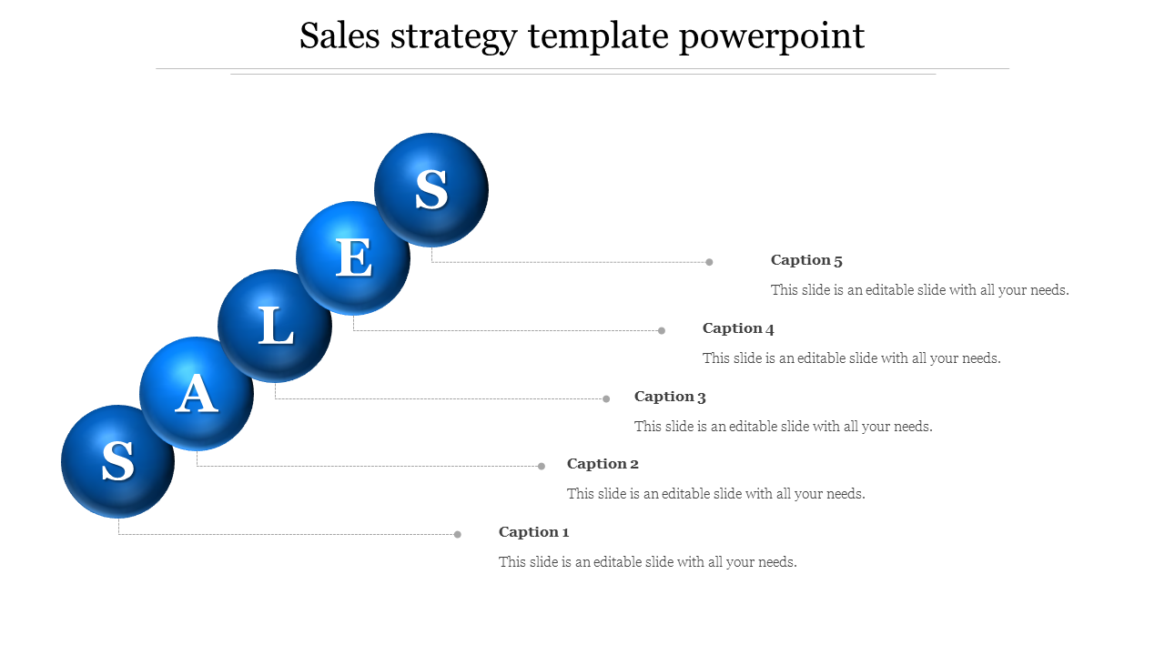 Sales strategy template with five glossy blue spheres in a diagonal layout, each linked to text placeholders.