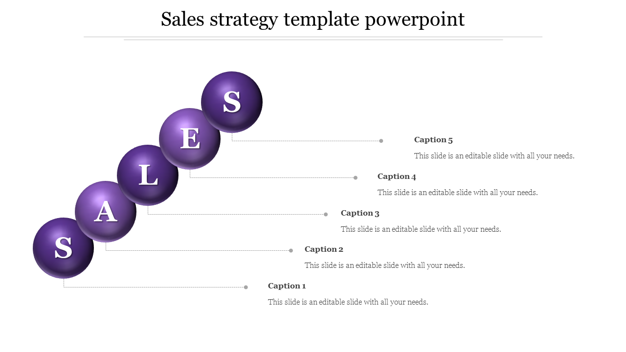 Strategy slide with five glossy purple spheres forming a diagonal path, each labeled with a letter from sales.